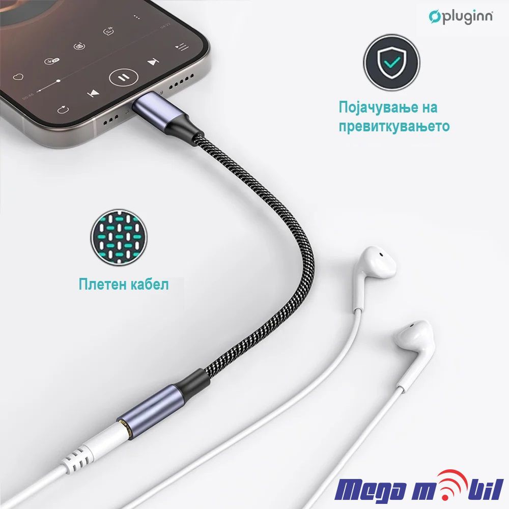 Kabel Pluginn Type C na 3.5mm zenski za slusalki 25cm black